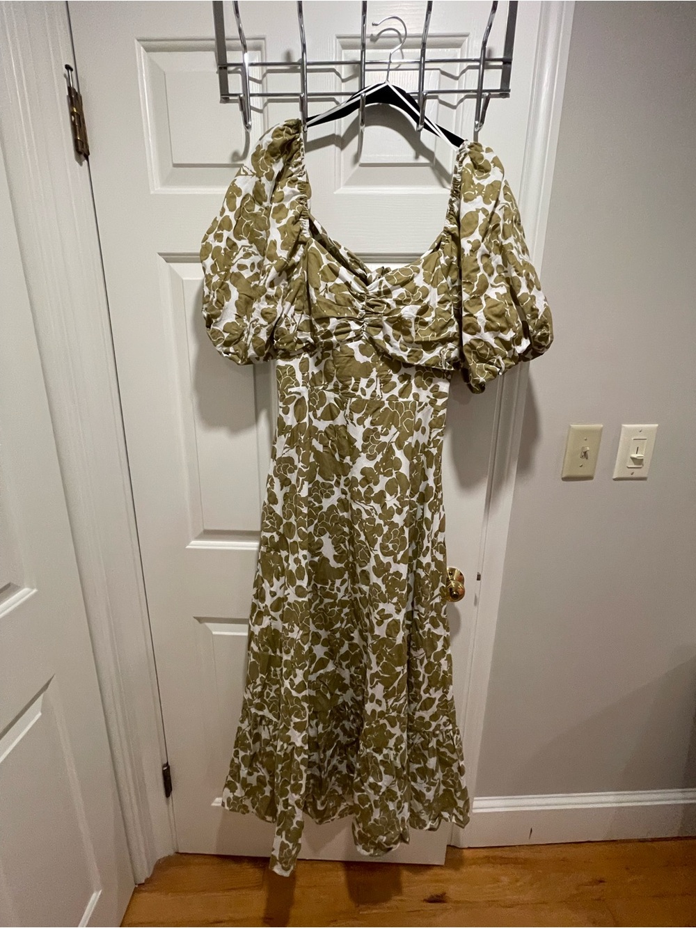 English Factory Olive and White Floral Puff-Sleeve Midi Dress